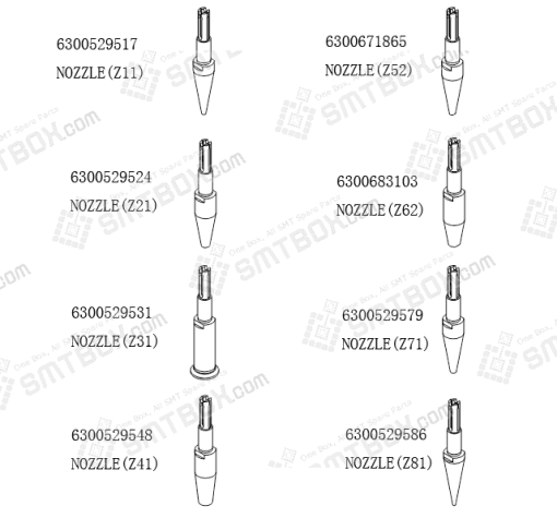 Hitachi Sanyo Tcm X100 Nozzle Z11 6300529517 Z21 6300529524 Z31 6300529531 Z41 6300529548 Z52 6300671865 Z62 6300683103 Z71 6300529579 Z81 6300529586 Side A