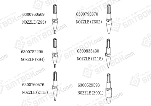 Hitachi Sanyo Tcm X100 Nozzle Z93 6300760569 Z94 6300782295 Z115 6300760576 Z118 6300833430 Z552 6300795370 Z901 6300529593 Side A