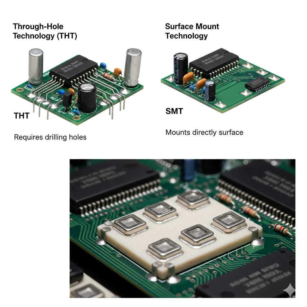 A 3D diagram showing the structural difference between THT components with leads going through a PCB and SMT components mounted directly on the surface.