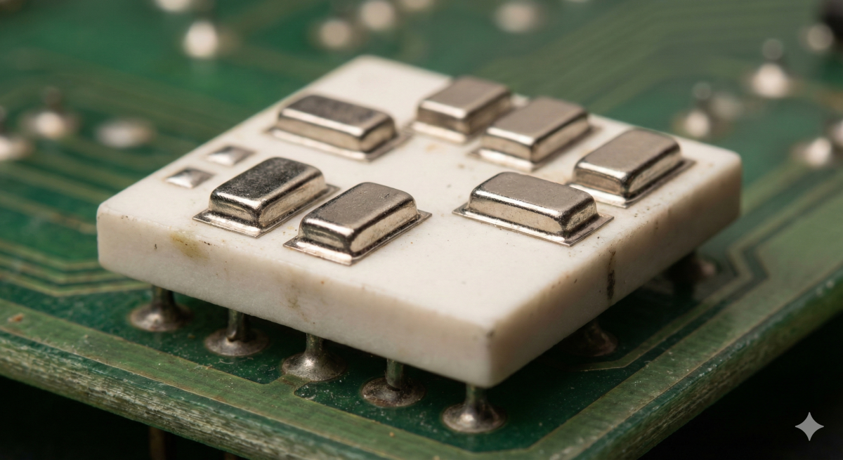 Macro photograph of an IBM Solid Logic Technology module showing small ceramic squares with metal caps mounted on a circuit board.