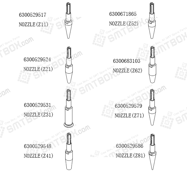 Hitachi Sanyo TCM X100 NOZZLE Z11 6300529517 Z21 6300529524 Z31 6300529531 Z41 6300529548 Z52 6300671865 Z62 6300683103 Z71 6300529579 Z81 6300529586 side a