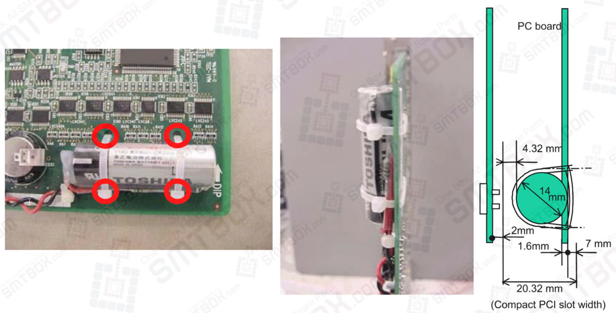 1. Disconnect the cable from the connector. Cut the cable tie. (Cable tie: AB100-W (Tyton) 2. Replace the battery. Secure it with cable ties. For battery position, see below.