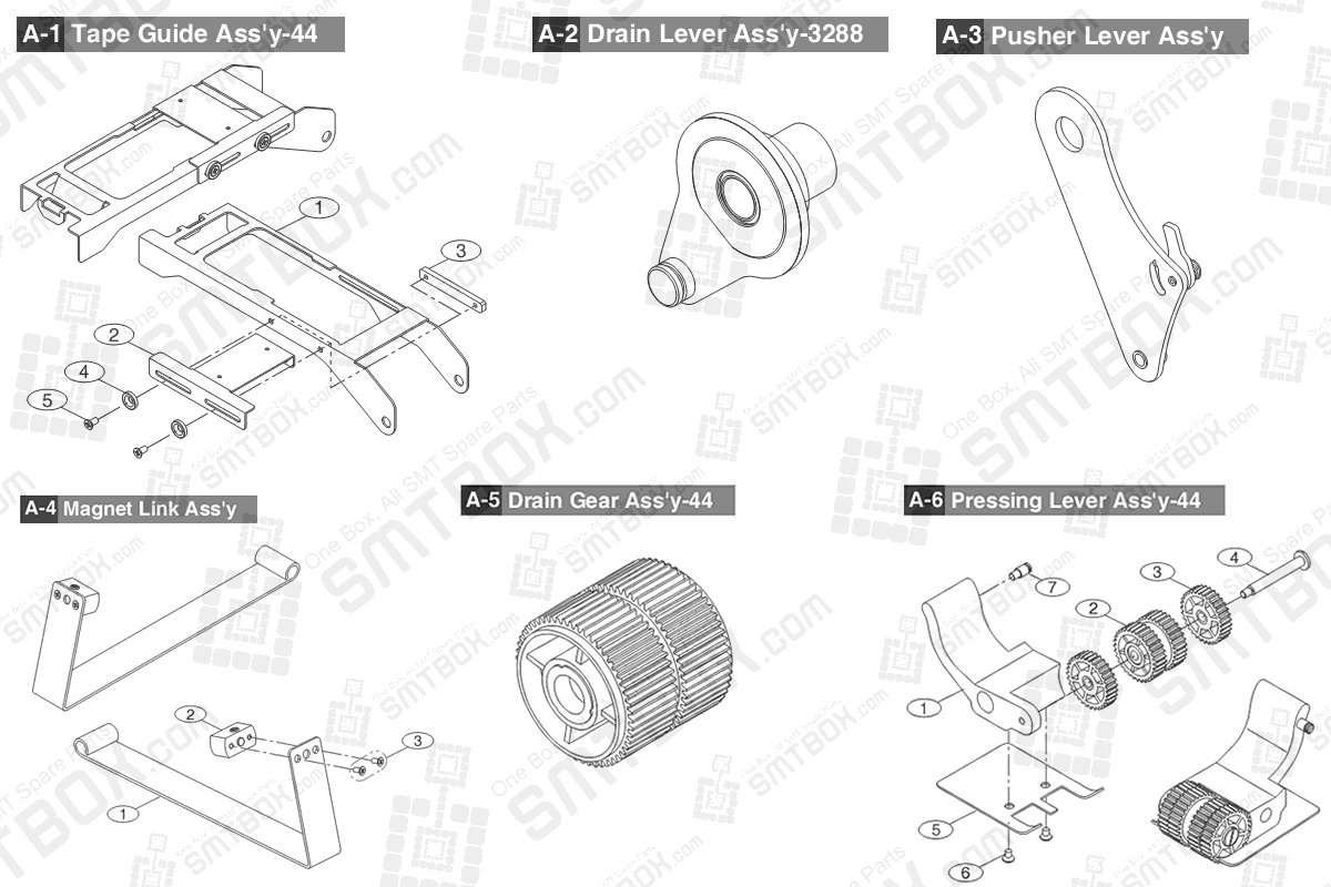 Sub Part List of Hanwha Samsung Techwin 44mm SMN tape feeder SM DECAN NonIT SBFB34120K IT SBFB34020K part 1